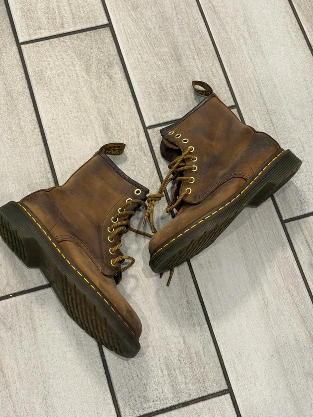 Dr MarBrown Leather Lace-Up Boots with Yellow Stitching